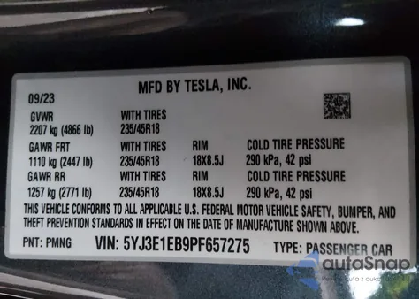 2023 Tesla Model 3 Long Range Dual Motor All-Wheel Drive из США, поврежденный, VIN 5YJ3E1EB9PF657275